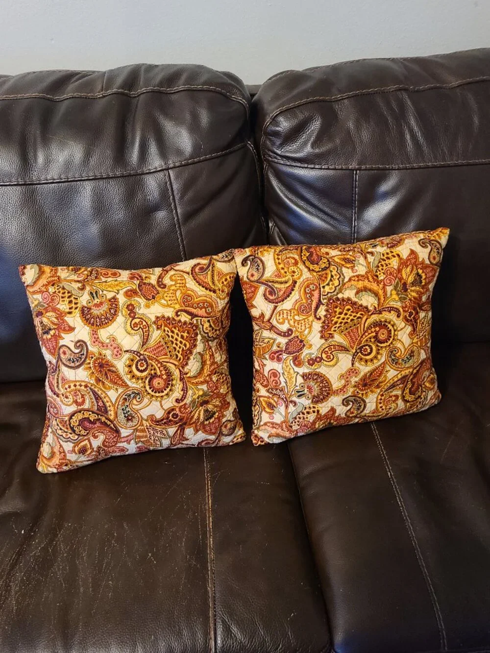 2 VTG Paisley Fan Throw Pillows Quilted Fabric Browns Red Beige Gold 14